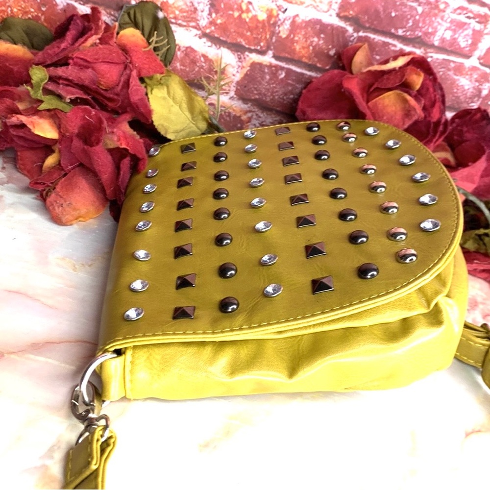 Lemon Citron Studded Rhinestone Soft Leather Crossbody Bag - Picture 11 of 14